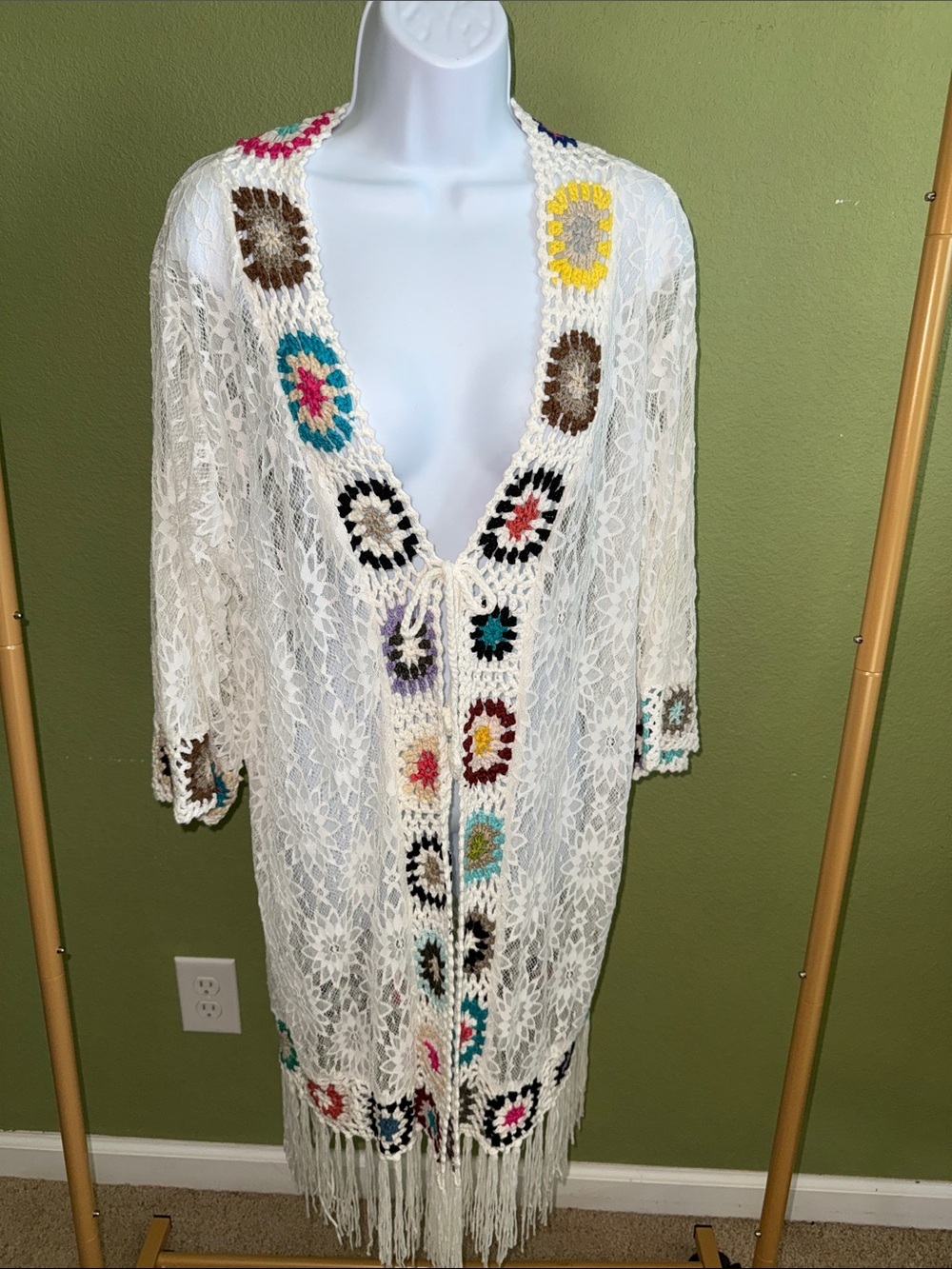 Boho White Lace Crochet Fringe Kimono with Multicolor Motifs